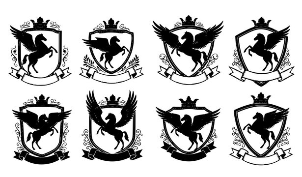 Pegasus Coat of Arms Shield Collection Heraldic Fantasy Vector Set