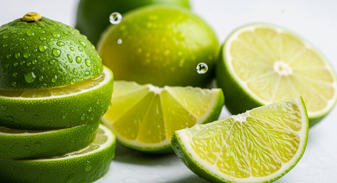 Fresh whole and sliced limes with water droplets, green citrus fruits on a white background, healthy ingredients for drinks and cuisine, lime slices
