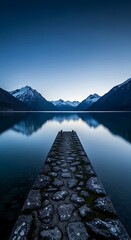 Fototapeta premium Stone pier leading into a calm mountain lake at twilight