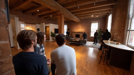 Obraz premium Collaborative meeting in a stylish industrial loft studio with a group of people discussing ideas