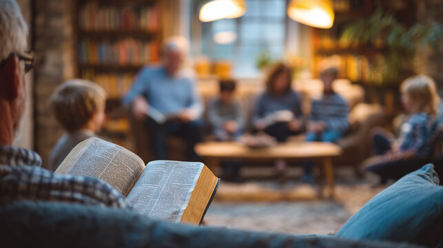 close up of family members reading bible together at home with children adults church community atmosphere and christian faith discussion