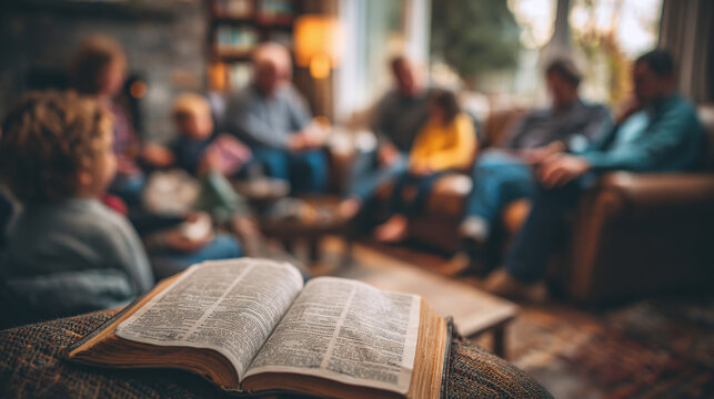 family faith and bible study concept with children and adults engaged together in living room during spiritual learning and prayer meeting