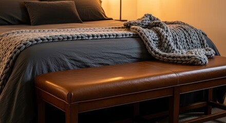 Fototapeta premium Rich Leather Bench At The Foot Of A Cozy Queen Size Bed With Chunky Knit Blanket