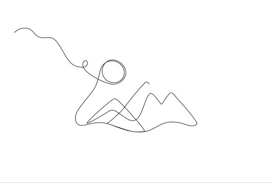 Mountain and sun animation. Image of one minimalist continuous line. 4k transparent background.