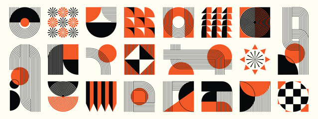 Mid century modern abstract geometric shapes vector set in burnt orange, black, taupe, and beige. Minimal retro design collection for posters, branding, packaging, wall art, and social media. © TWINS DESIGN STUDIO