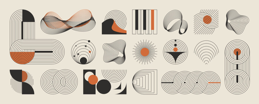 Abstract line art geometric shapes vector set in terracotta, black, taupe, and beige. Minimal retro collection with arches, waves, ribbons, and circles for posters, branding, packaging, and decor.