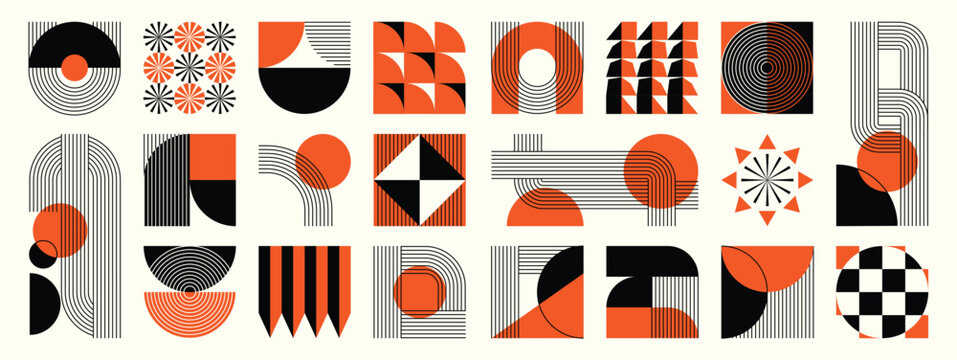 Mid century modern abstract geometric shapes vector set in burnt orange, black, taupe, and beige. Minimal retro design collection for posters, branding, packaging, wall art, and social media.