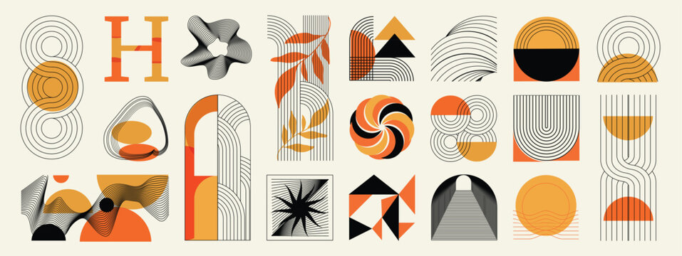 Mid century modern abstract geometric shapes vector set in burnt orange, black, taupe, and beige. Minimal retro design collection for posters, branding, packaging, wall art, and social media.