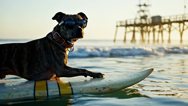 Black dog surfs on surfboard in ocean near pier. Dog wearing collar rides surfboard at sunset. Black dog on surfboard surfing ocean waves. Pier visible as dog surfs on board in ocean water.