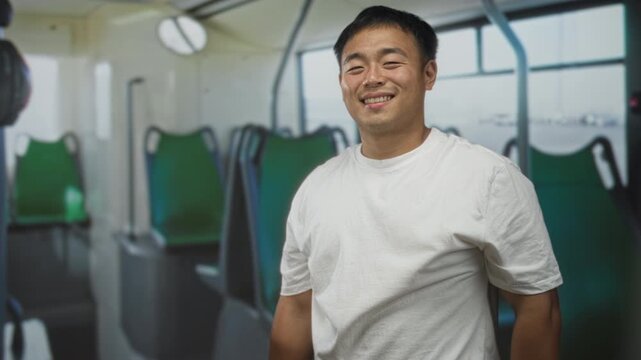 Man smiling and raising hand with l sign on forehead inside empty green seats of a city bus on urban street; fun.