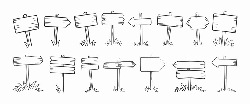 Hand drawn road sign. Doodle wooden signpost, sketch street direction pointer. Blank signboard with arrow vector isolates set