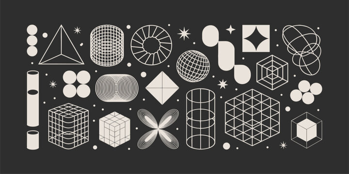 Vector graphic assets kit acid style, Postmodern abstract geometric shapes with wireframe elements of different forms, Y2K trendy design in brutalism aesthetic, template symbols set