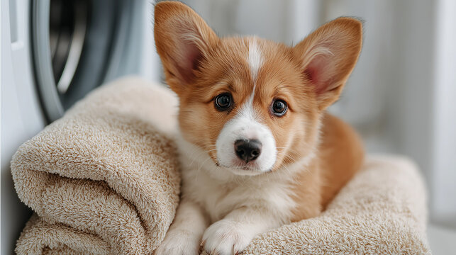 Corgi puppy lying on folded towel in front of washing machine. Cute small dog relaxing on clean laundry. Concept of household chores, pet care and home hygiene. Domestic pet at home.