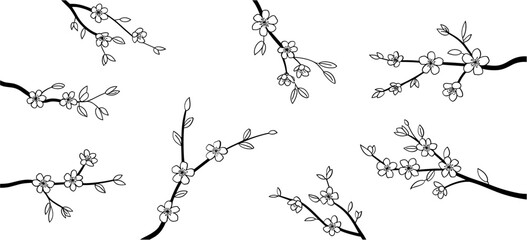 Naklejka premium Set of cherry blossoms flowers and brunch. Spring Detailed background with botanic floral elements for invitation, wallpaper art or save the date card