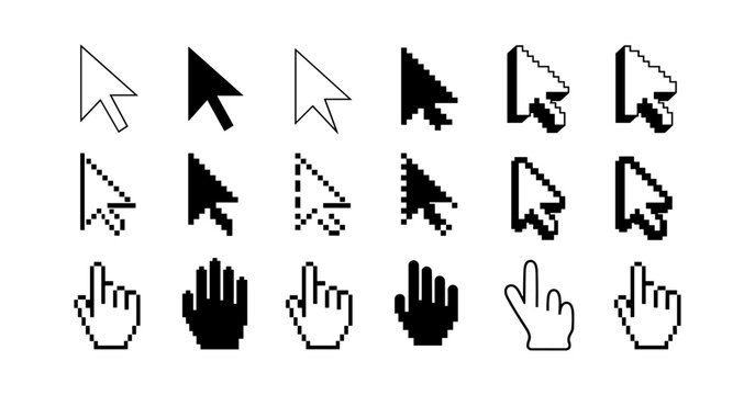Mouse click cursor icon set. Cursor set in hand and arrow forms. Pixel cursor icon