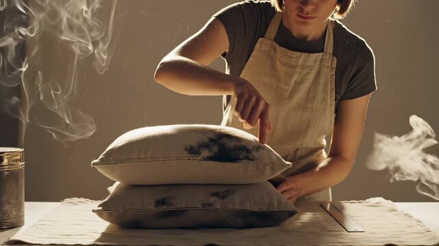 Woman in apron presses finger into steaming pillow. Worker inspects dirty pillow stack on table. Hot steam rises around textile worker. Woman checks soft cushion quality. Cleaning process for pillows.