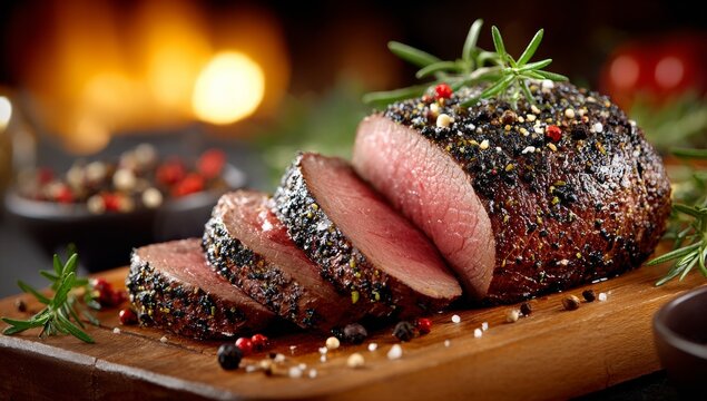 Rustic, earthy food styling of a fresh‑herb‑seasoned, aged venison backstrap roast, with a delicious meat flavor