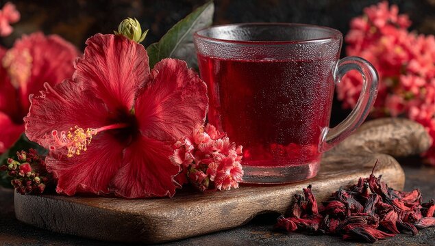 A clear glass mug filled with a vivid red herbal infusion, hibiscus petals and rosehips, offers a tasty drink