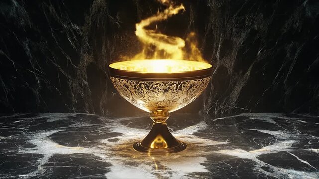 Ornate Golden Chalice with Blazing Fire and Smoke