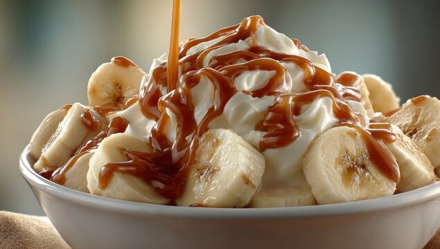 Fresh organic banana slices topped with caramel sauce are presented in a glass bowl, a tasty sweet snack