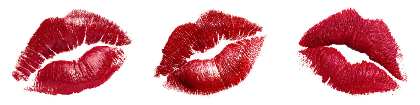 Three vibrant red lipstick kiss marks arranged horizontally showing detailed texture and glossy pigment for romantic design projects isolated on a white or transparent background