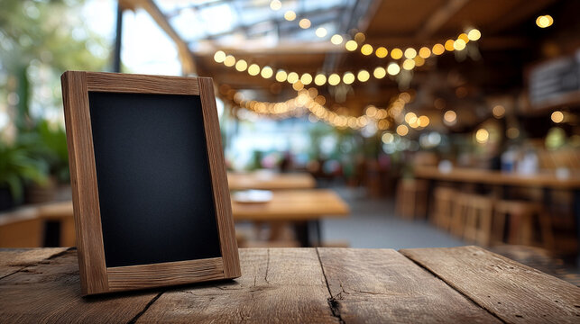 Empty Wooden Chalkboard On Rustic Table With Warm Caf&eacute; Fairy Light Bokeh Background