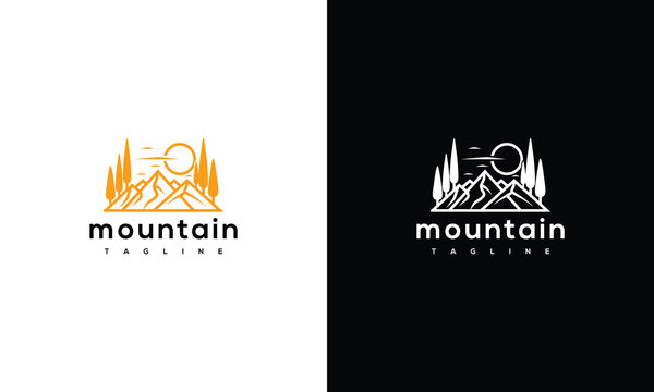 Minimalist Mountain Landscape Logo Design with Sun and Pine Trees