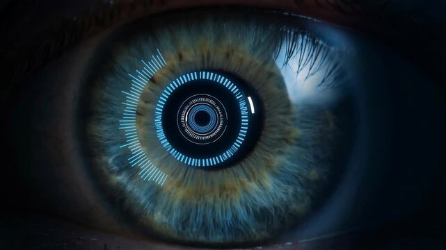 Close-up of an eye digital code concept. Close-up of human eye with futuristic biometric scan and identity verification technology overlay