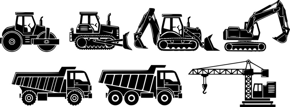 set of List of construction vehicles, tractors, and heavy machinery icons. Sideview artwork of construction and industrial vehicles, road roller, bulldozer, backhoe, excavator, dump truck, and crane b