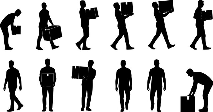 set of Man carrying and picking a box in various poses, postures, and positions black vector on a white background.
