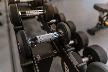 Naklejka premium Dumbbells are laid out in a row in the fitness room