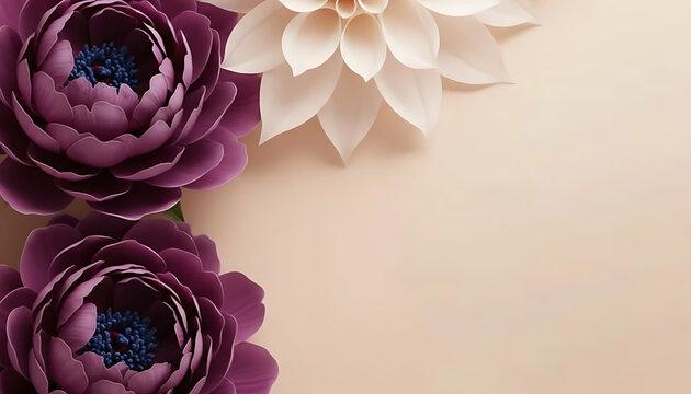 Abstract 3D Paper Quilling Background with Handcrafted Purple and White Peony Flowers on Cream Backdrop