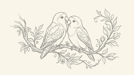 Naklejka premium Elegant hand-drawn line art of two birds perched on a flowering branch, vintage illustration symbolizing love and companionship.