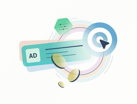 AI ad targeting optimization, programmatic advertising click through tracking. Ppc conversion analytics, audience segmentation, digital marketing campaign Roi performance modern vector illustration