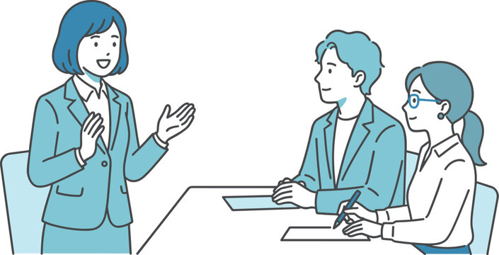 面接で自己PRをする女性と面接官のビジネスイラスト