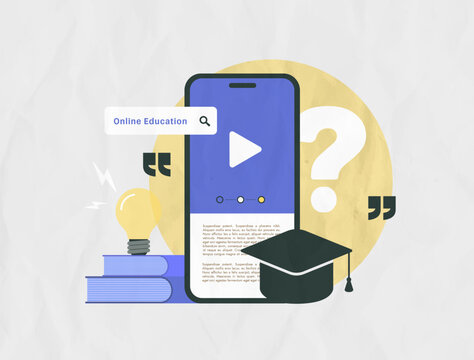 AI microlearning video - online education search with lesson playback and query system improving personalized self learning flow, navigation in digital platforms, trendy halftone collage illustration
