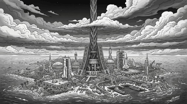 Monochrome futuristic island city with a colossal central tower and unique architecture under a dramatic cloudy sky, sci-fi illustration.