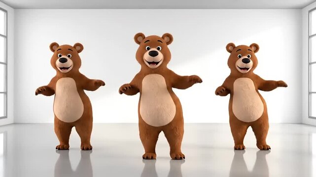 Cheerful cartoon bears dancing in a bright room, 3D render, playful, fun, happy, animated, carefree, cute, animation, joy, humor, entertainment.