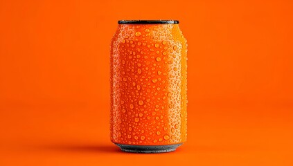A refreshing orange soda can mockup featuring condensation against an orange monochrome backdrop