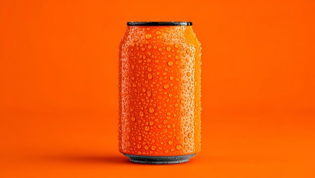 A refreshing orange soda can mockup featuring condensation against an orange monochrome backdrop