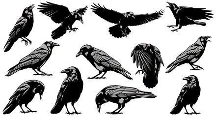 Fototapeta premium Set of black crow silhouettes with different postures and flight positions