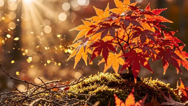 Vibrant Japanese maple bonsai tree with red and orange autumn leaves on moss, illuminated by golden sun rays and falling light particles. Ideal for fall themes, nature documentaries, meditation,