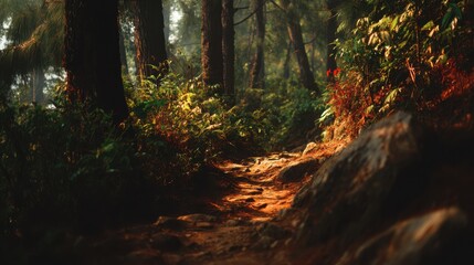 Fototapeta premium Serene Forest Pathway with Sunlight Streaming Through Trees and Lush Greenery in a Tranquil Natural Environment
