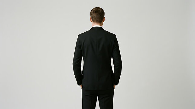 Man in black suit standing with hands in pockets looking away on gray background