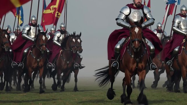 knight on horse in full armor holds lance and flag. charge by helmet and banner in tight formation. gallop across grassy field with dust rising around horse hooves. flag color ripple near lance.