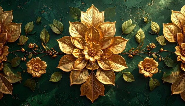 Golden floral motif on rich green background, ornate symmetrical design with central bloom, decorative elegance, intricate leaves and vines, luxurious ornamental pattern with vibrant contrast.
