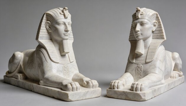 Two white stone sphinx statues with Egyptian pharaoh heads and bodies of lions, lying down on rectangular bases against a plain gray background