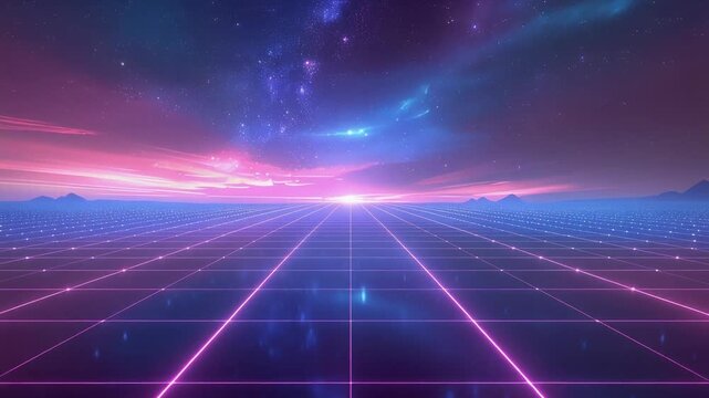 Futuristic retro digital landscape with neon grid and starry galaxy sky at sunset