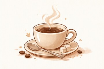 Obraz premium Warm cup of coffee with steam and sugar cubes on a saucer