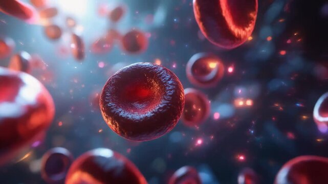 Close up view of red blood cells flowing in the bloodstream with glowing particles and vibrant colors